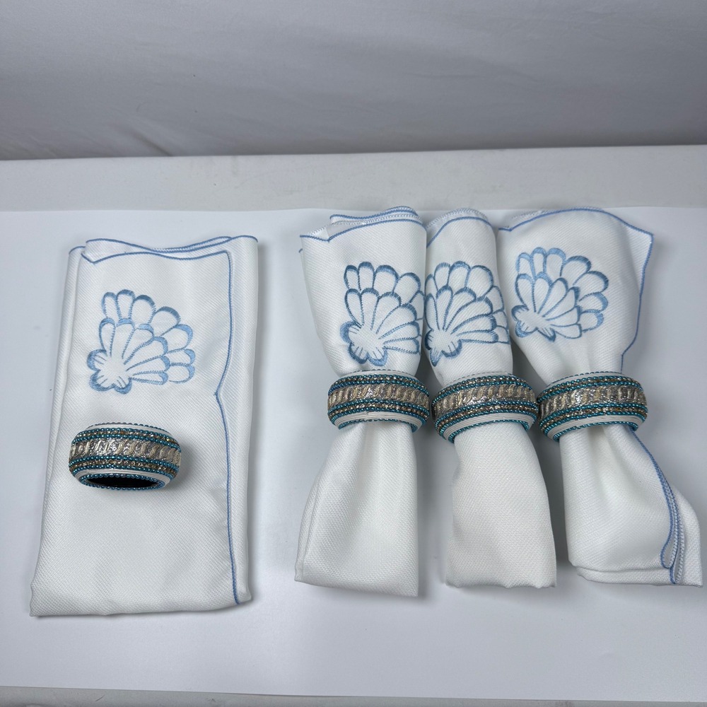 Embroidered Seashell Napkins with Jeweled Napkin Rings - Set of‎ 4